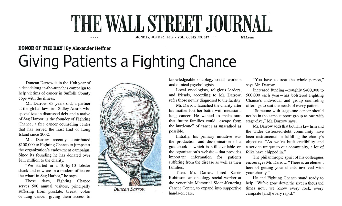 Wall Street Journal article about the founder of Fighting Chance